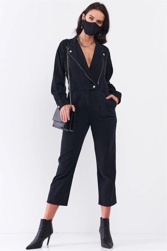 Washed Black Denim Oblique Zip-Up Front Detail Utility Jumpsuit + Black Cloth Mask! /3-2-1 - Tasha Apparel Wholesale