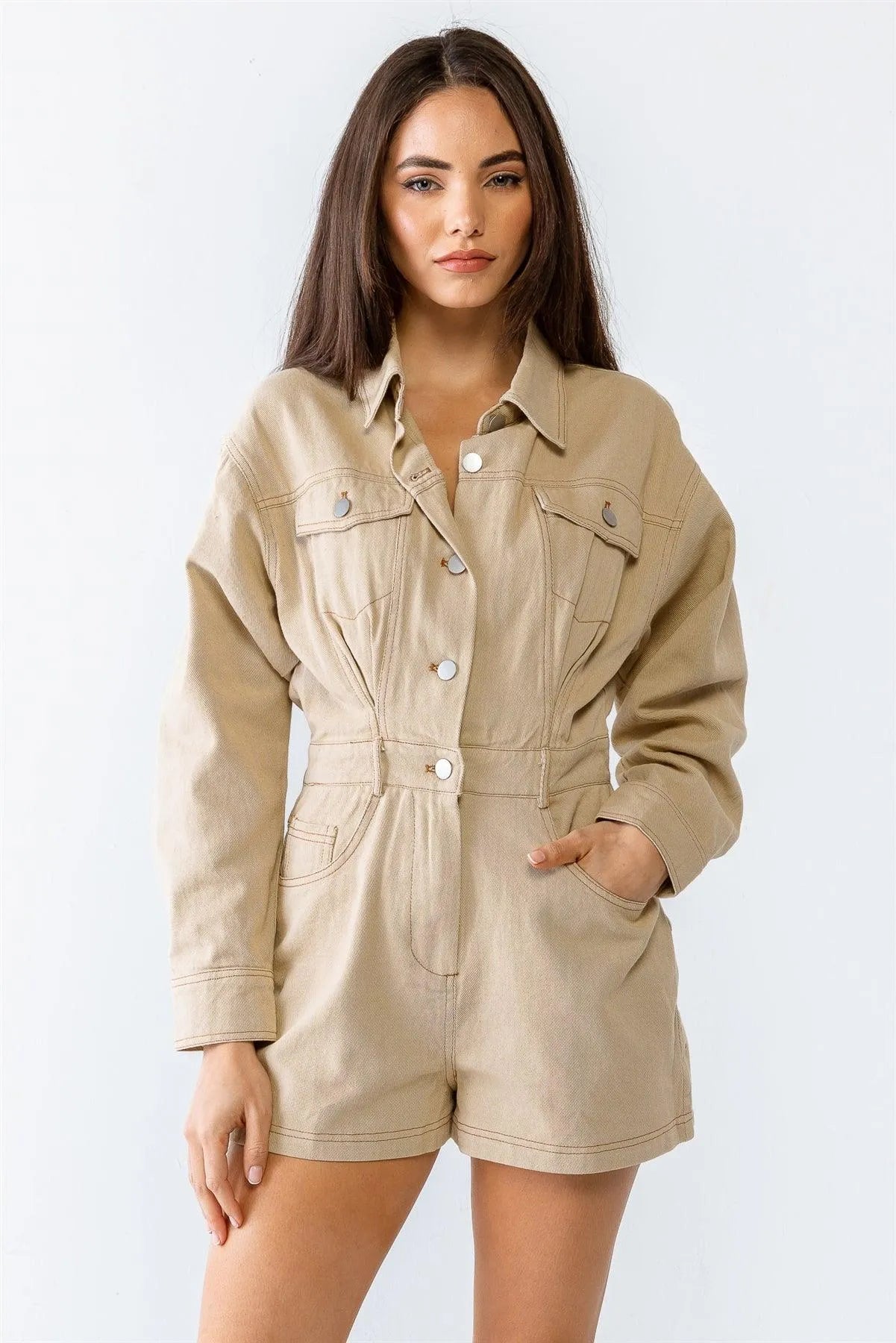 Taupe Denim Cotton Collared Neck Button-Up Seven Pocket Romper /3-2-1 - Tasha Apparel Wholesale