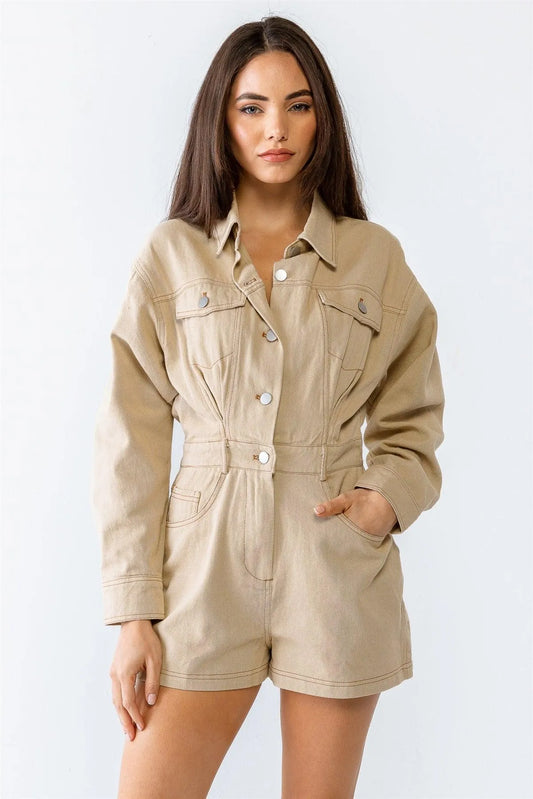 Taupe Denim Cotton Collared Neck Button-Up Seven Pocket Romper /3-2-1 - Tasha Apparel Wholesale
