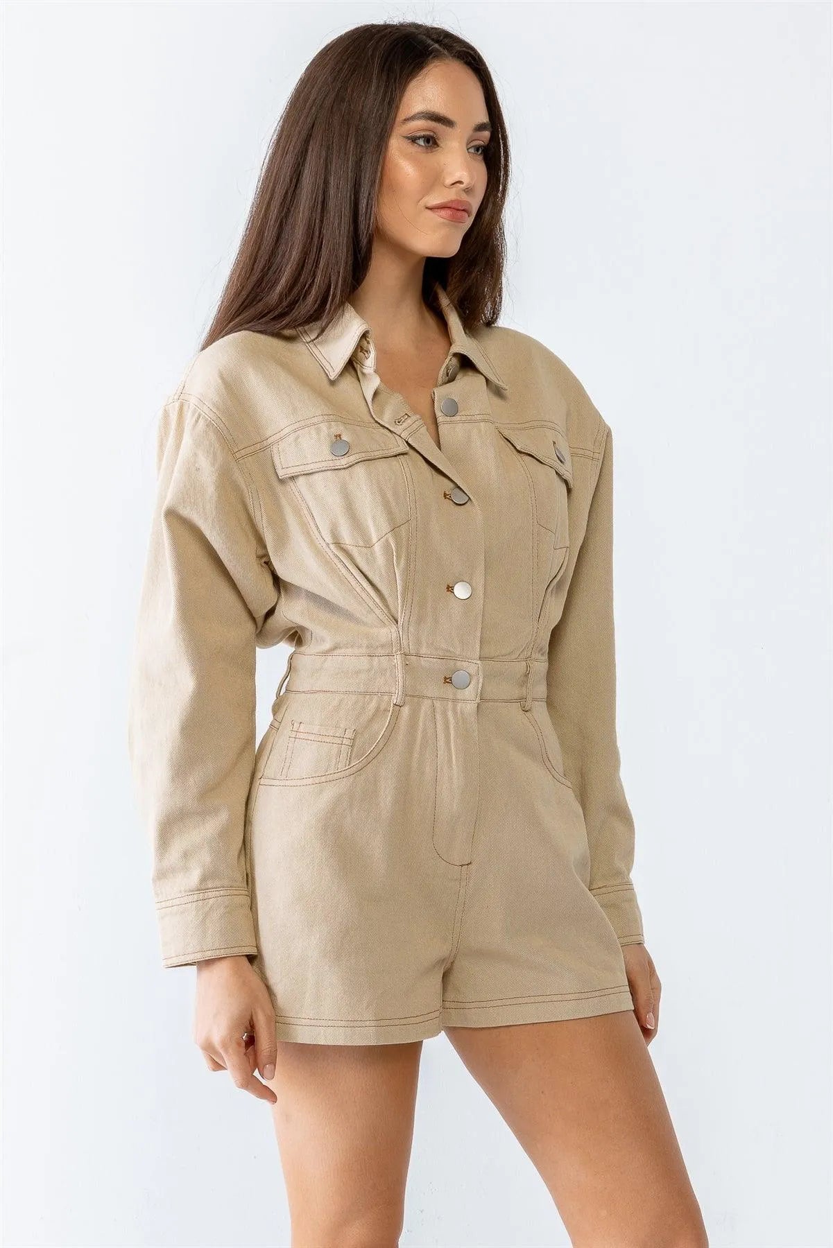 Taupe Denim Cotton Collared Neck Button-Up Seven Pocket Romper /3-2-1 - Tasha Apparel Wholesale