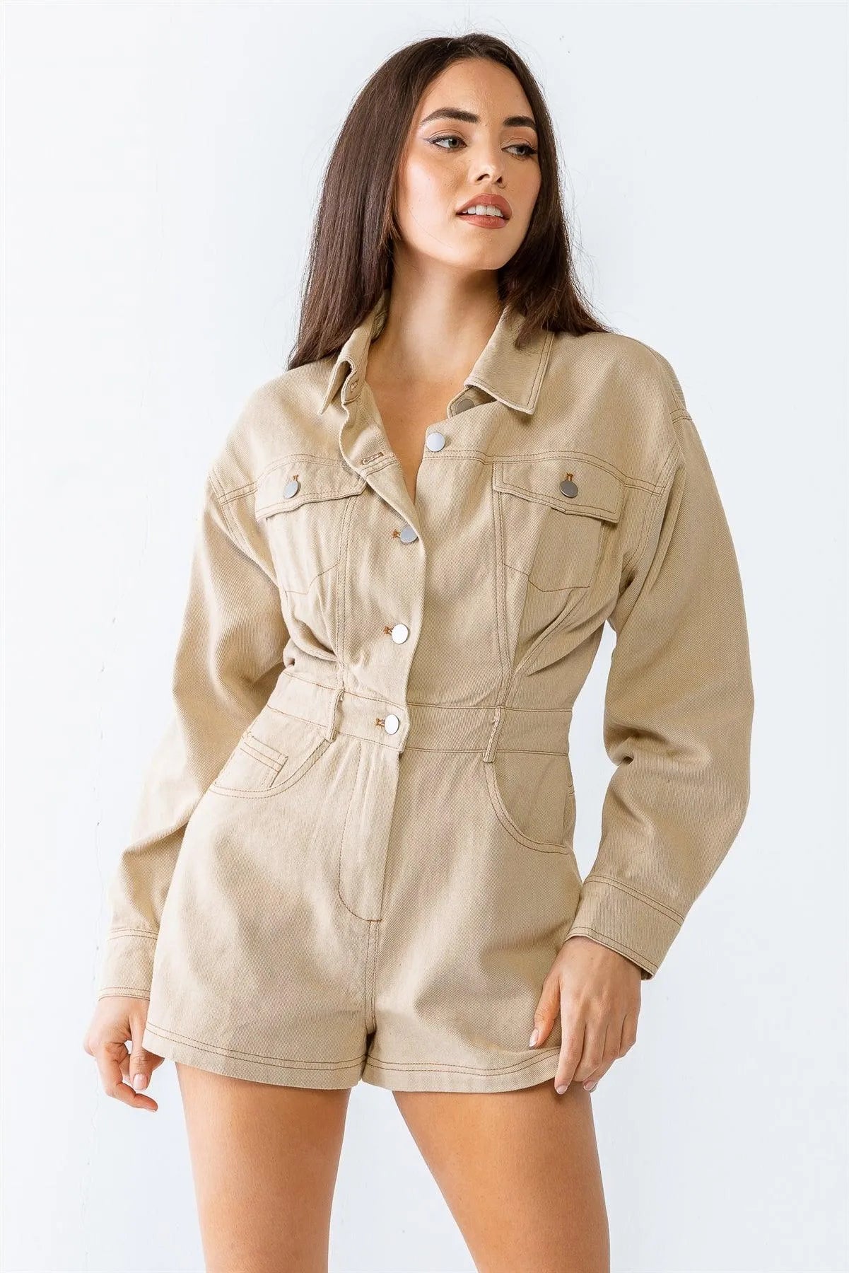Taupe Denim Cotton Collared Neck Button-Up Seven Pocket Romper /3-2-1 - Tasha Apparel Wholesale