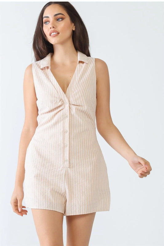 Peach White Stripe Print Cotton Button Collared Neck Sleeveless Romper /3-2-1 - Tasha Apparel Wholesale