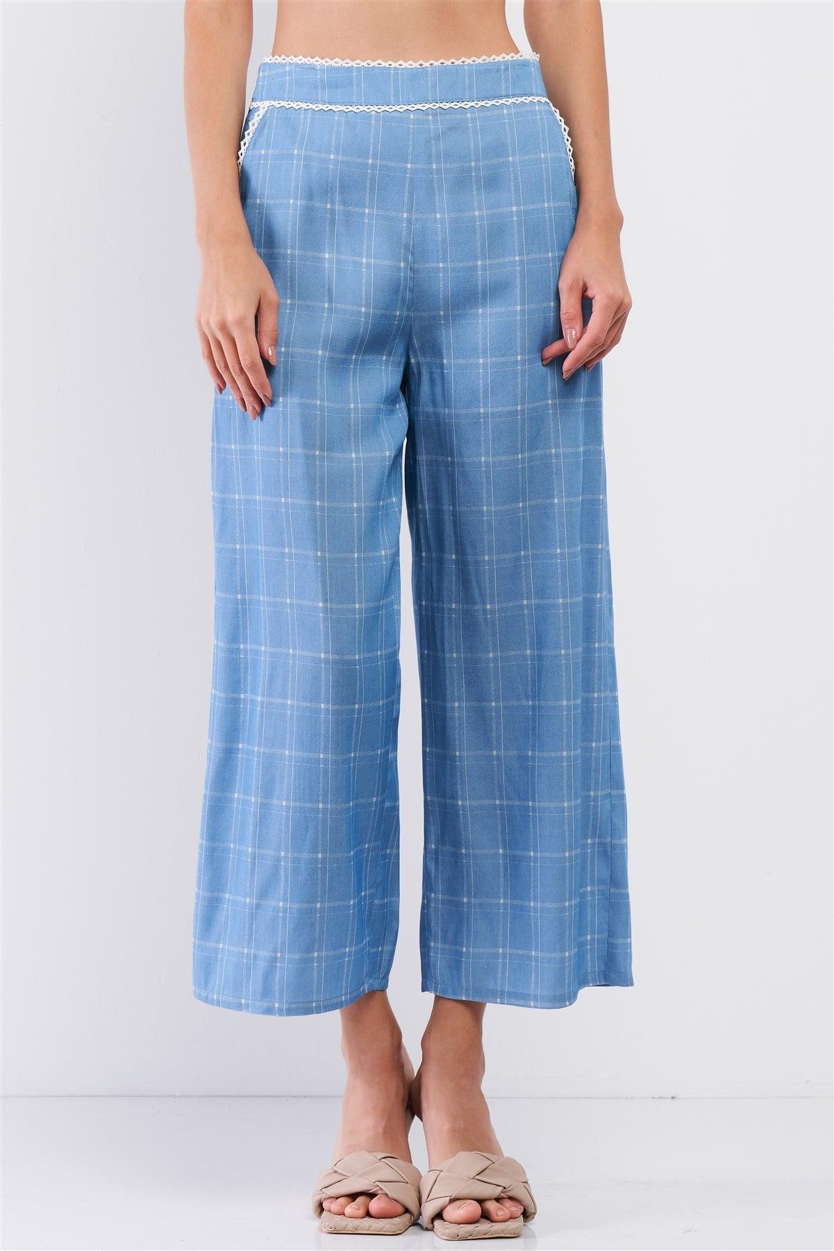 Baby Blue High Waisted Checkered White Lace Trim Wide Leg Pants /3-2-1