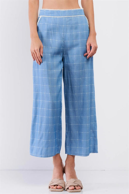 Baby Blue High Waisted Checkered White Lace Trim Wide Leg Pants /3-2-1 - Tasha Apparel Wholesale