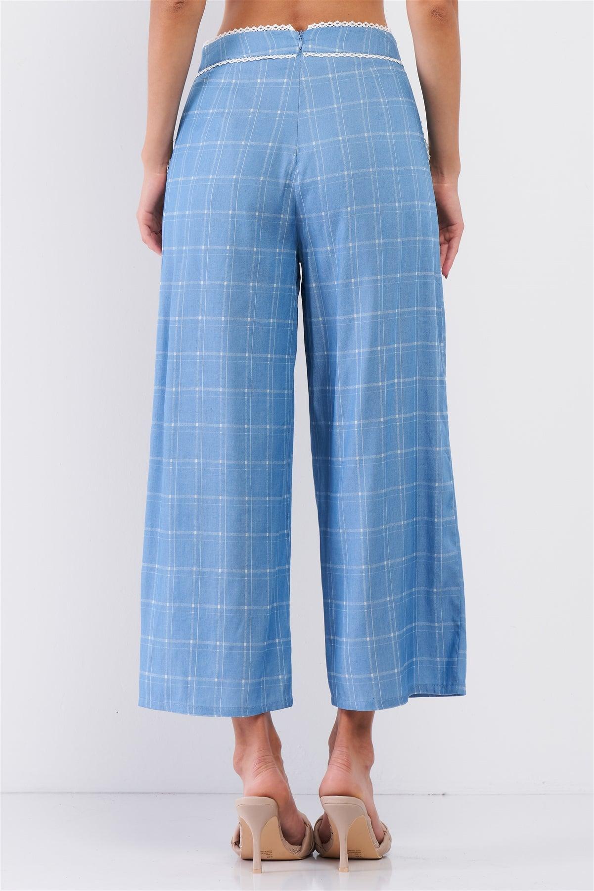 Baby Blue High Waisted Checkered White Lace Trim Wide Leg Pants /3-2-1