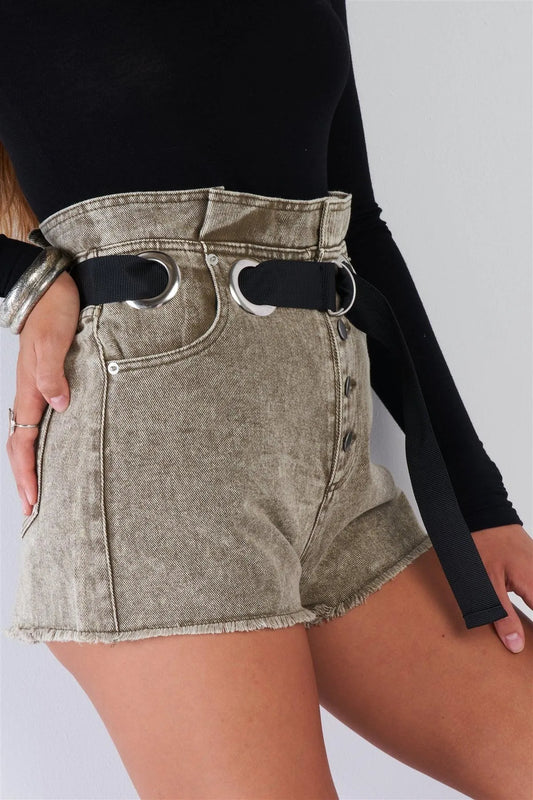 High Waisted Olive Washed Denim Shorts With Black D-Ring Belt Frayed Hem /3-2-1 - Tasha Apparel Wholesale