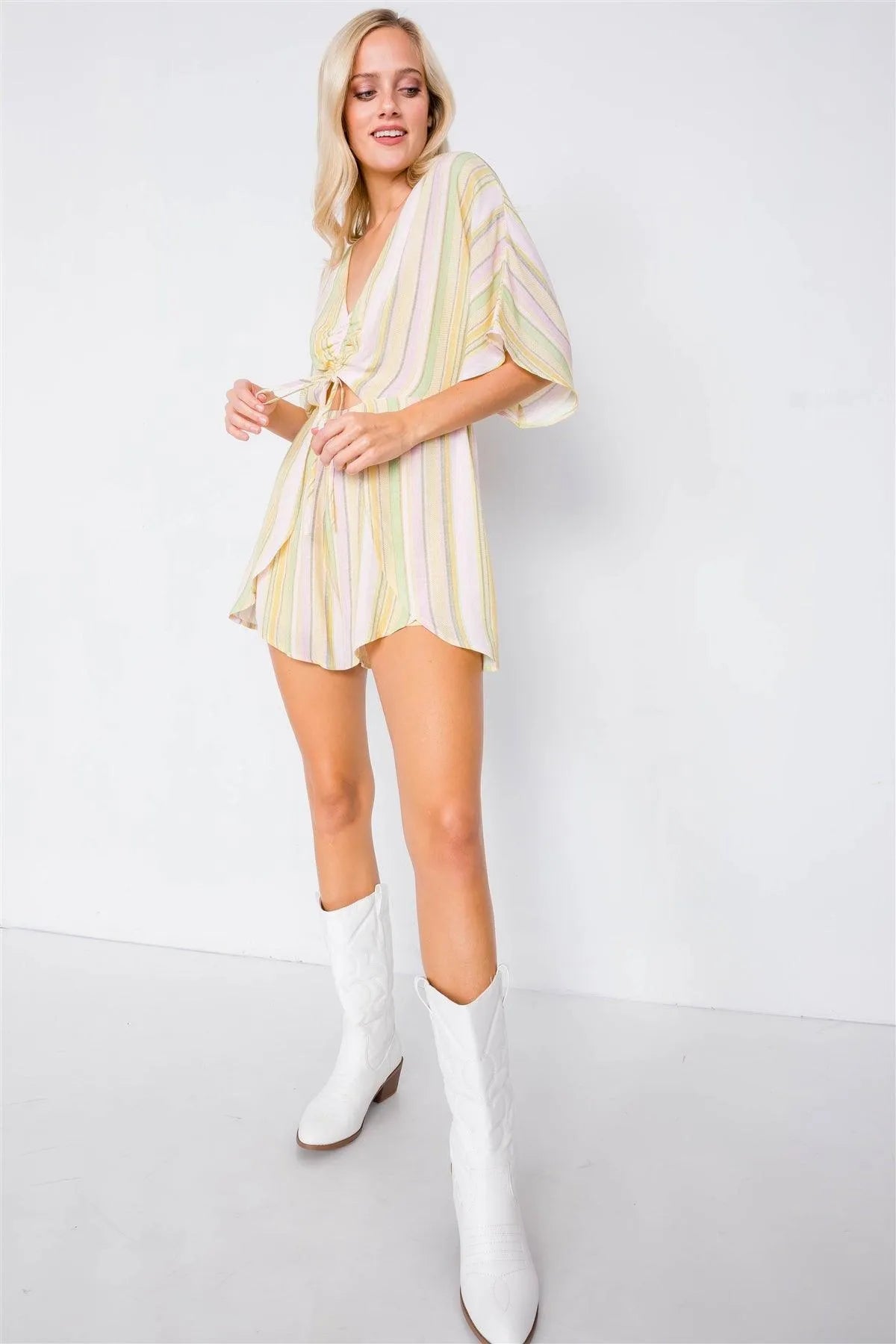 Yellow Multi Boho Stripe Print Cut-Out Kimono Sleeve Romper /2-2-1 - Tasha Apparel Wholesale