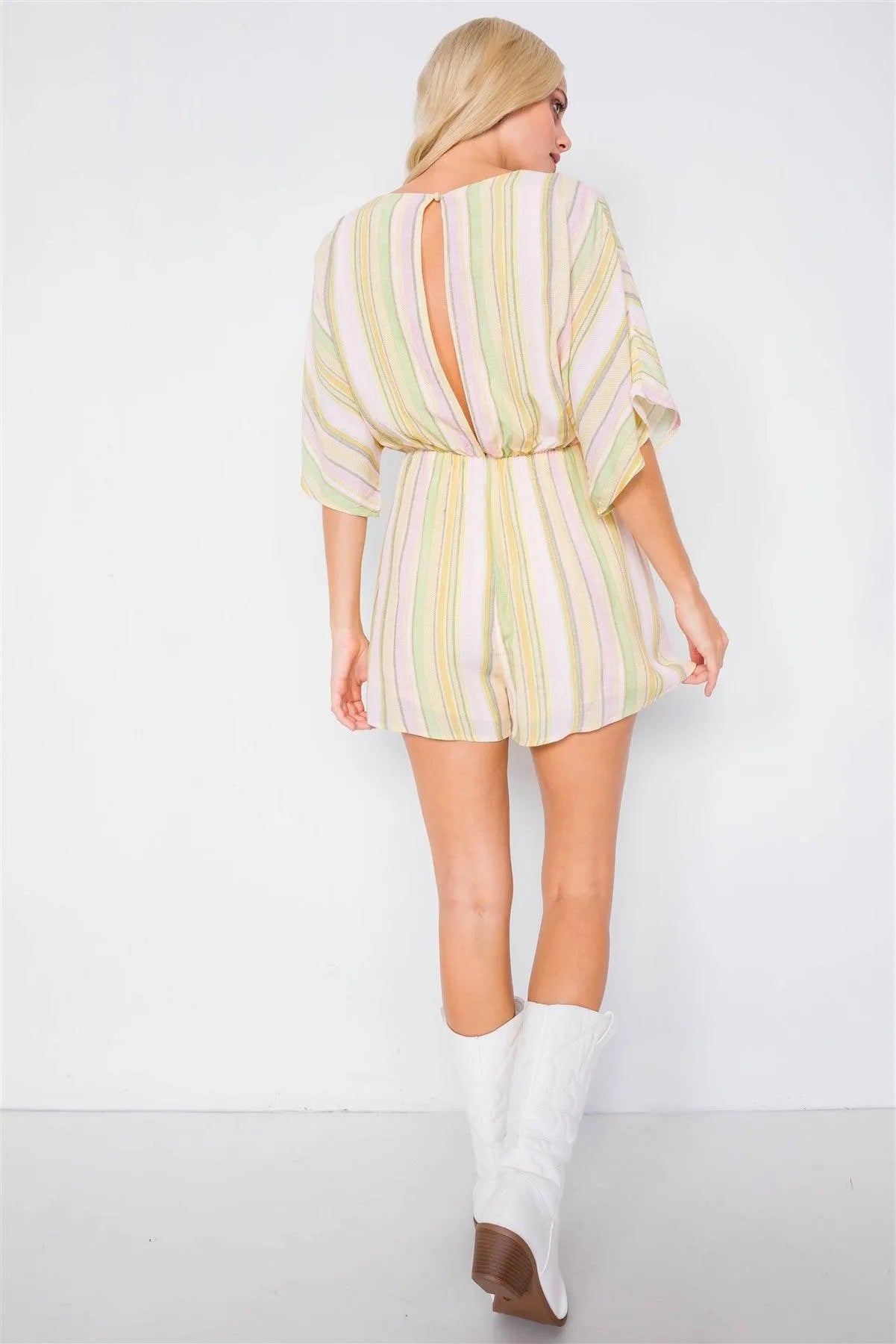 Yellow Multi Boho Stripe Print Cut-Out Kimono Sleeve Romper /2-2-1 - Tasha Apparel Wholesale