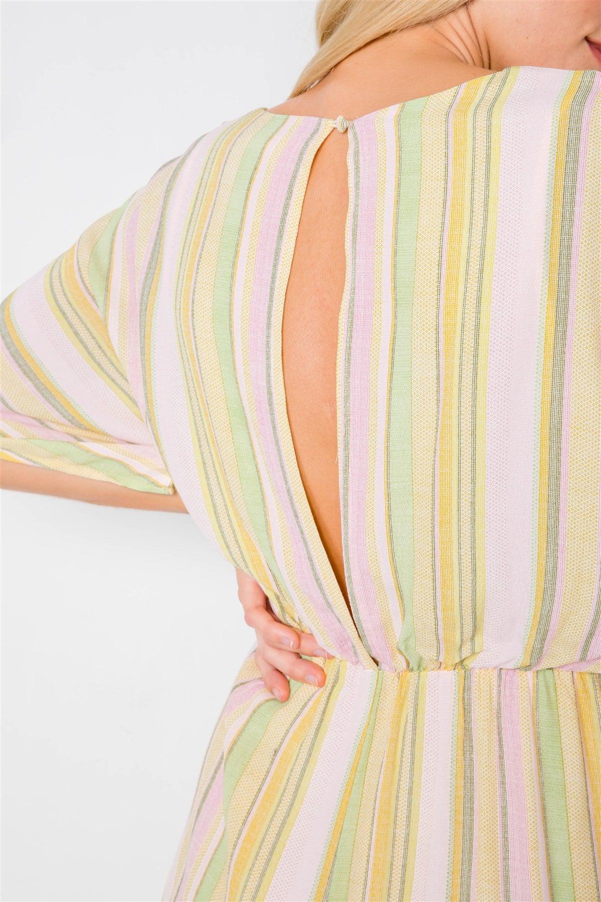 Yellow Multi Boho Stripe Print Cut-Out Kimono Sleeve Romper /2-2-1