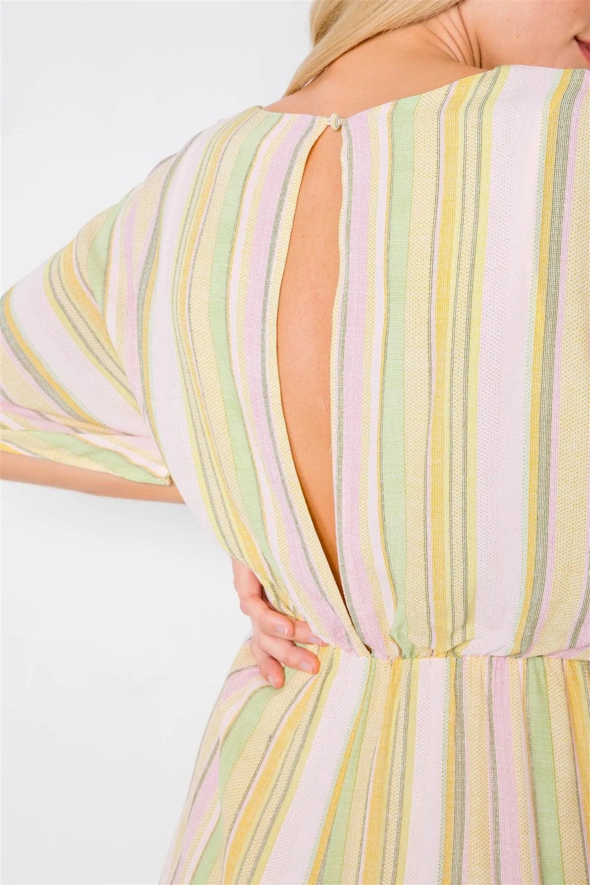 Yellow Multi Boho Stripe Print Cut-Out Kimono Sleeve Romper /2-2-1 - Tasha Apparel Wholesale