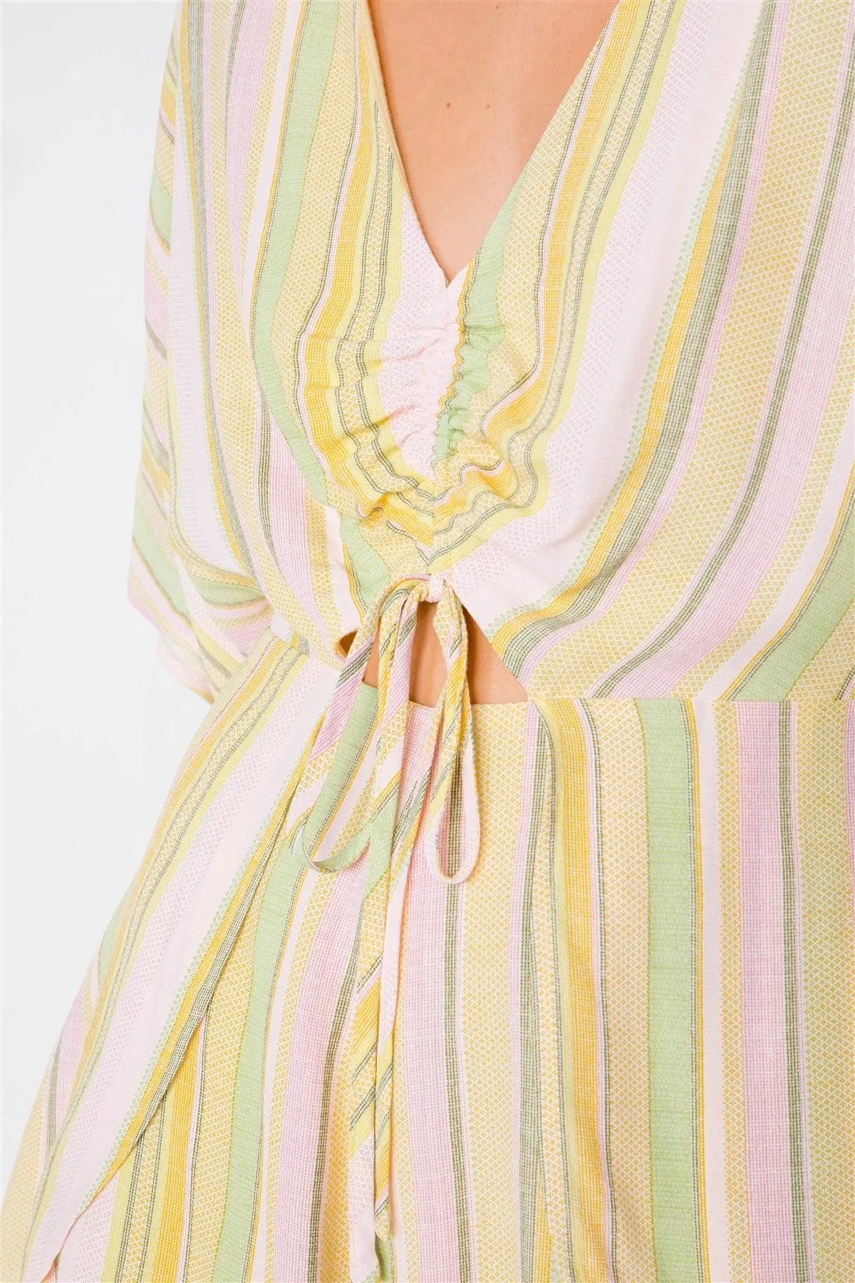Yellow Multi Boho Stripe Print Cut-Out Kimono Sleeve Romper /2-2-1 - Tasha Apparel Wholesale
