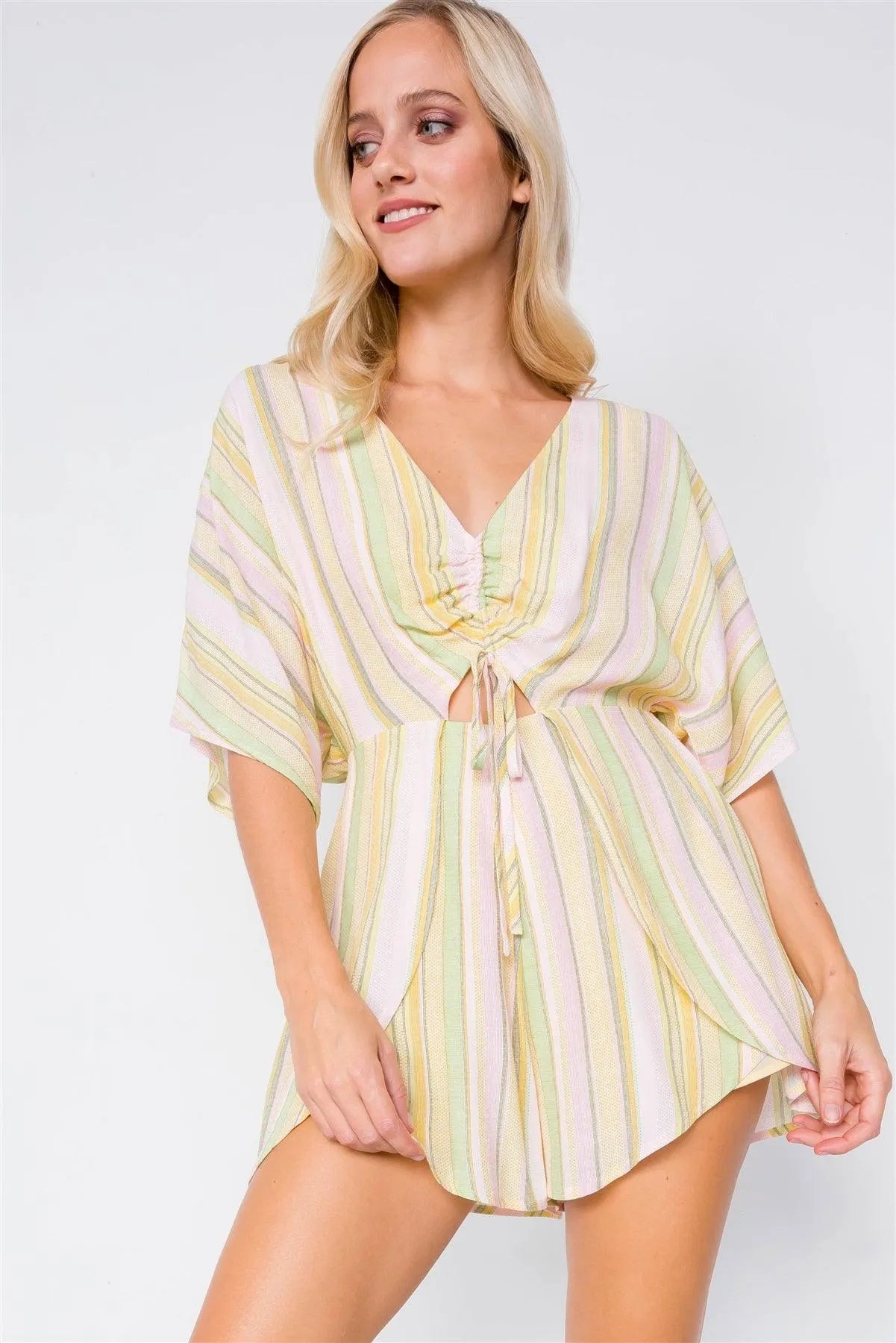 Yellow Multi Boho Stripe Print Cut-Out Kimono Sleeve Romper /2-2-1 - Tasha Apparel Wholesale