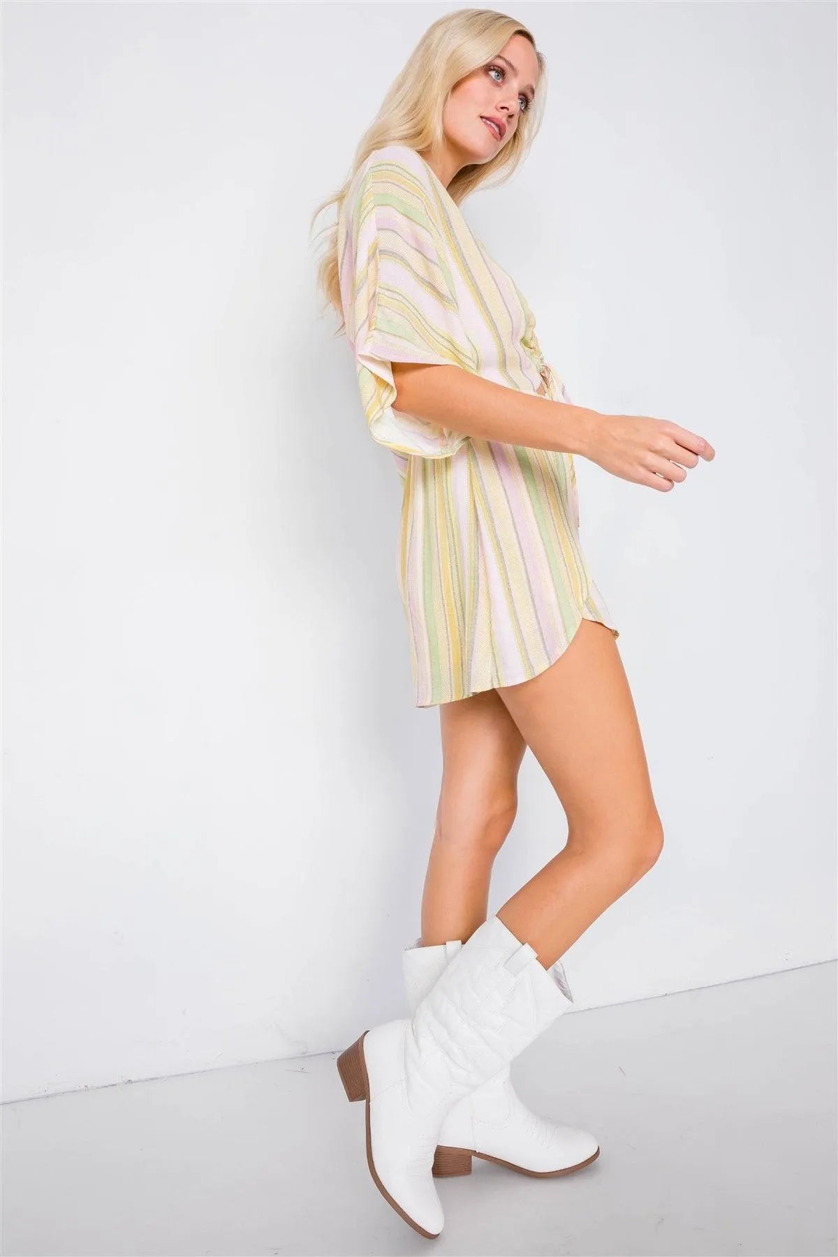 Yellow Multi Boho Stripe Print Cut-Out Kimono Sleeve Romper /2-2-1 - Tasha Apparel Wholesale