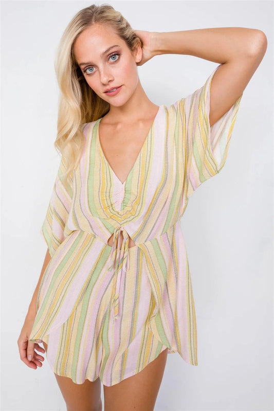 Yellow Multi Boho Stripe Print Cut-Out Kimono Sleeve Romper /3-2-1 - Tasha Apparel Wholesale