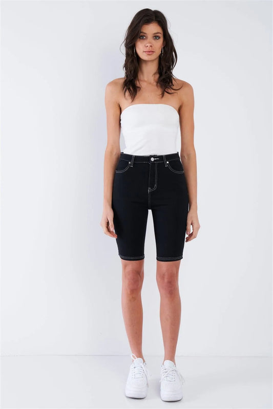 Black & White Contrast Stitch Jean Bermuda Denim Shorts /3-2-1 - Tasha Apparel Wholesale
