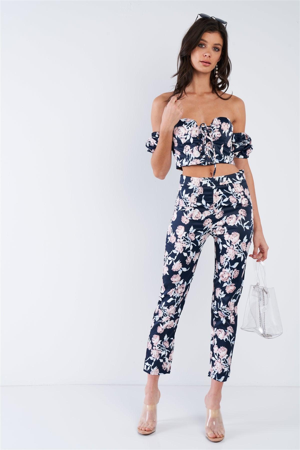 Ensign Blue Mixed Floral Off The Shoulder Lace Up Crop Top & High Waist Ankle Length Pant Set  /2-2-2