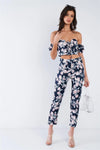 Ensign Blue Mixed Floral Off The Shoulder Lace Up Crop Top & High Waist Ankle Length Pant Set /2-2-2 - Tasha Apparel Wholesale