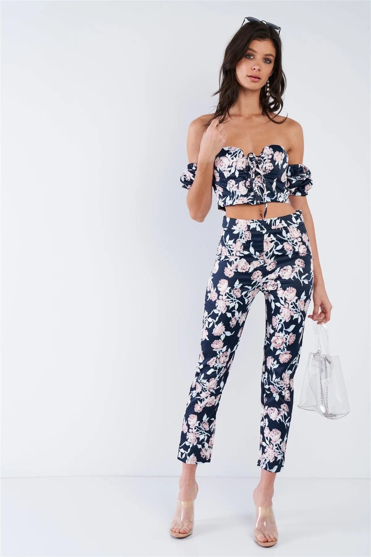 Ensign Blue Mixed Floral Off The Shoulder Lace Up Crop Top & High Waist Ankle Length Pant Set /2-2-2 - Tasha Apparel Wholesale