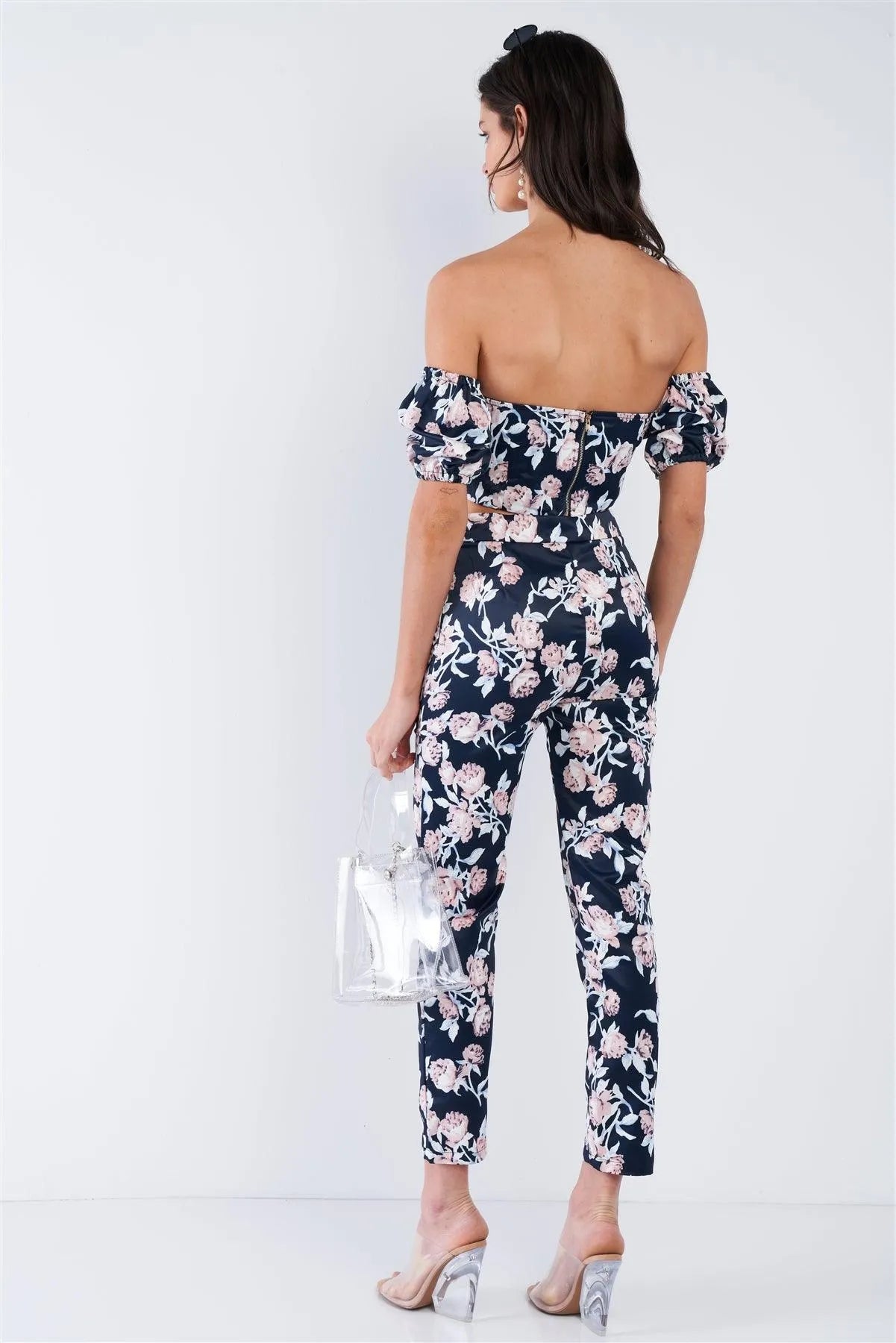 Ensign Blue Mixed Floral Off The Shoulder Lace Up Crop Top & High Waist Ankle Length Pant Set /2-2-2 - Tasha Apparel Wholesale