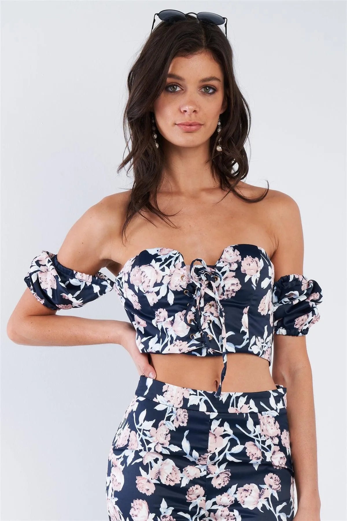 Ensign Blue Mixed Floral Off The Shoulder Lace Up Crop Top & High Waist Ankle Length Pant Set /2-2-2 - Tasha Apparel Wholesale