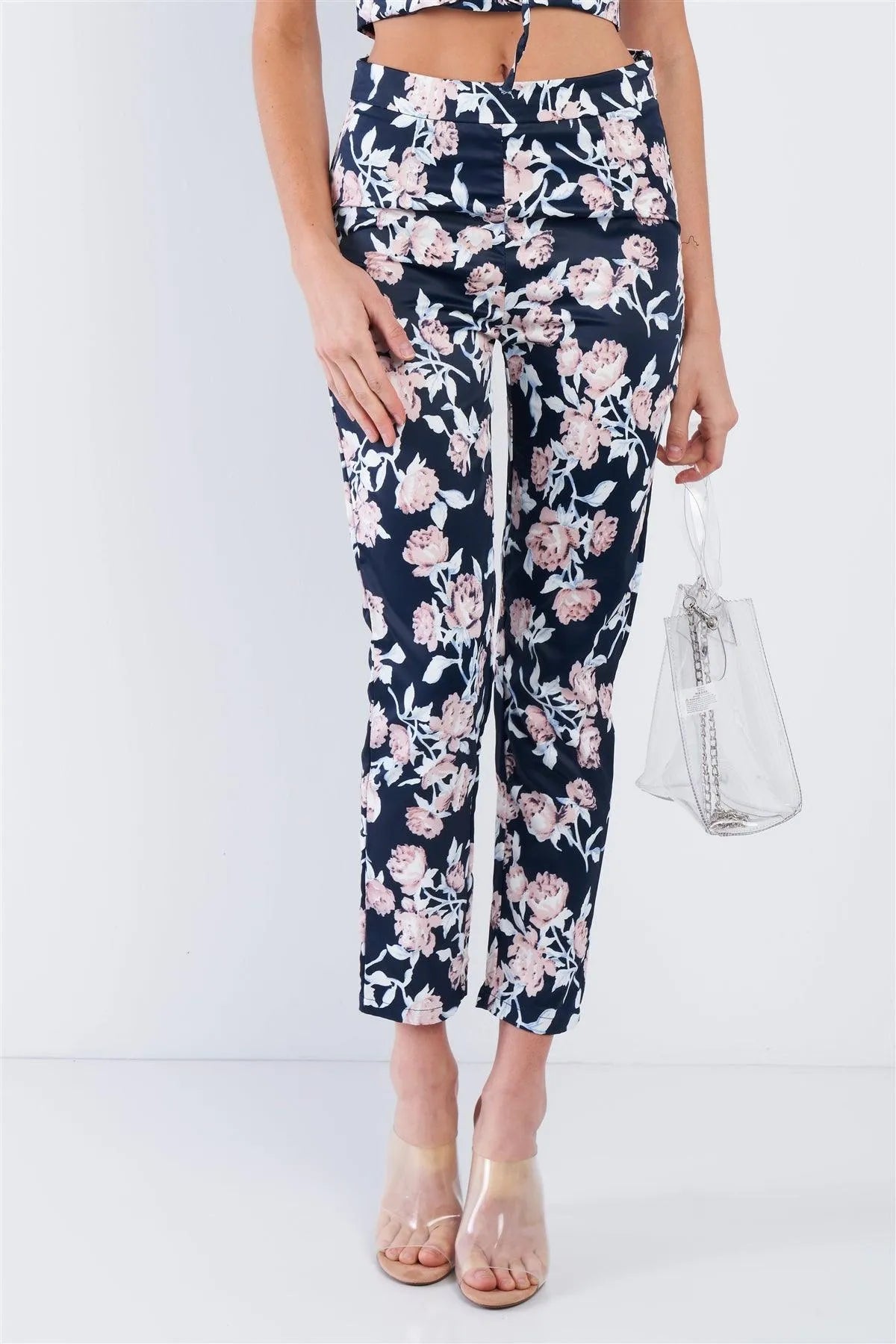 Ensign Blue Mixed Floral Off The Shoulder Lace Up Crop Top & High Waist Ankle Length Pant Set /2-2-2 - Tasha Apparel Wholesale
