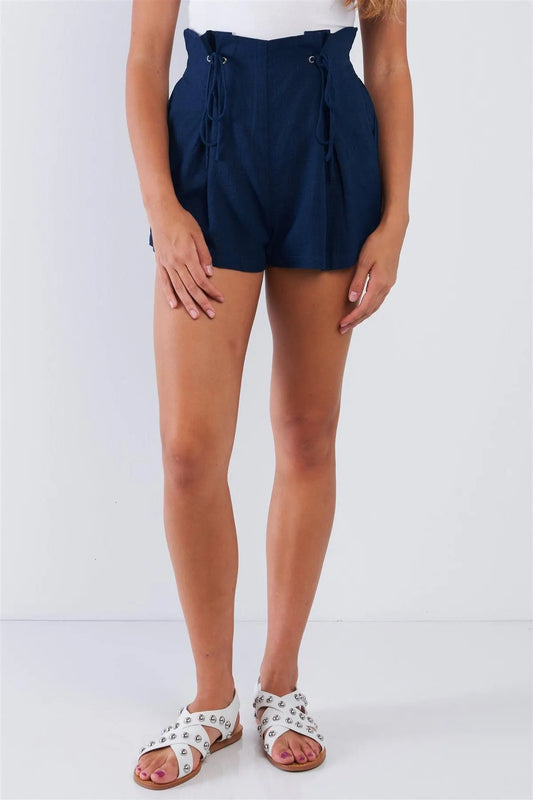 Indigo High Waisted Self Tie Cinched Shorts /3-2-1 - Tasha Apparel Wholesale