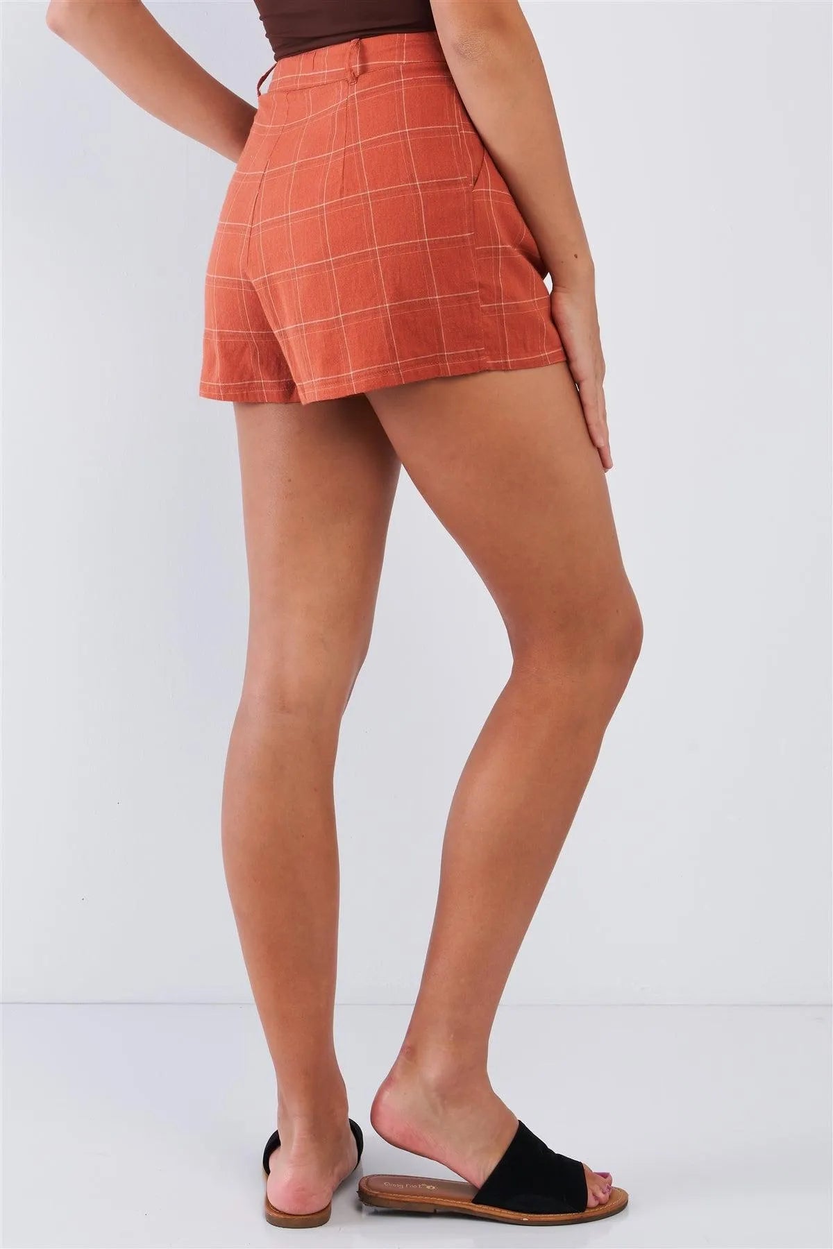Rust High Waisted Plaid Relaxed Fit Mini Shorts /3-2-1 - Tasha Apparel Wholesale