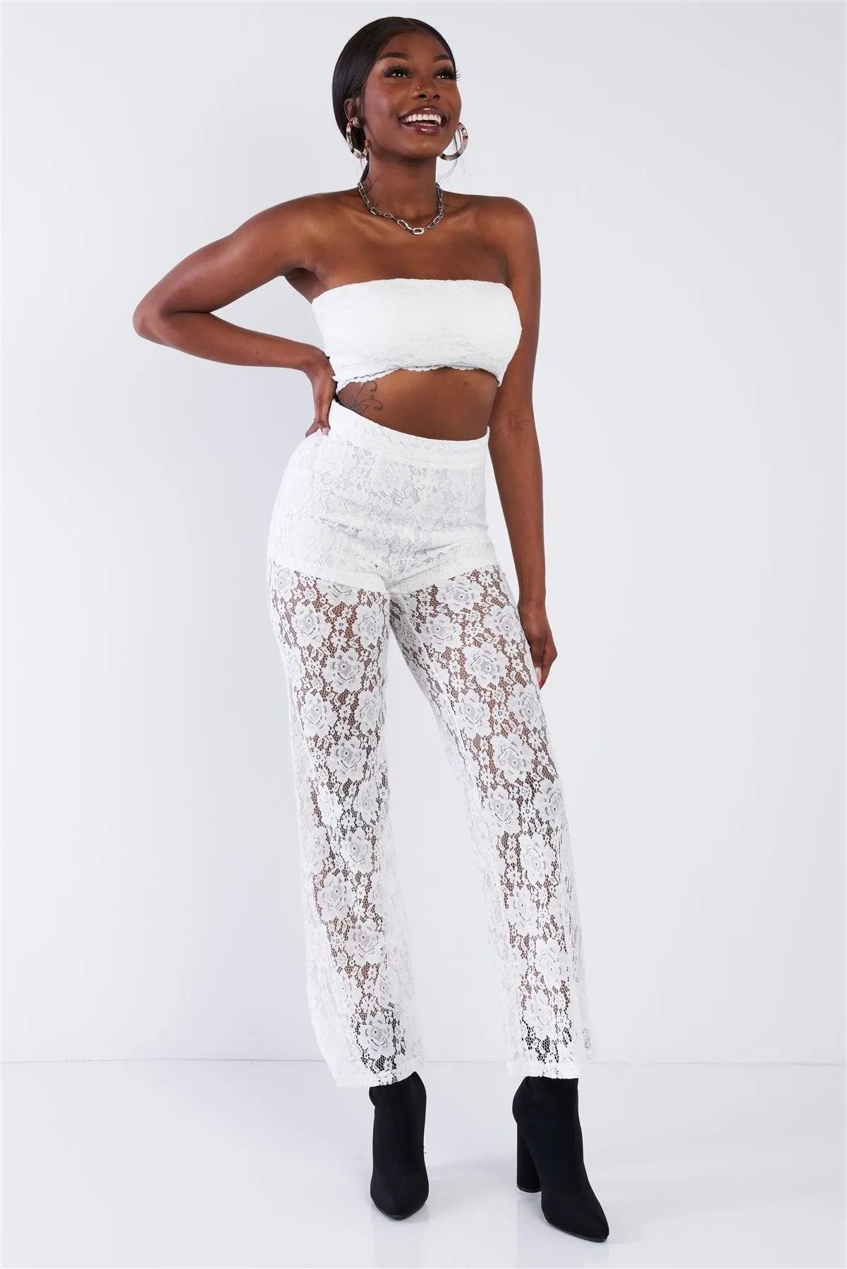 Off-White Floral Lace Bandeau & Flare High Waist Boho Pant Set /2-2-2 - Tasha Apparel Wholesale