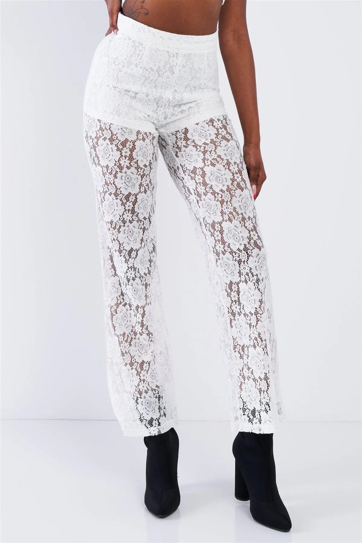Off-White Floral Lace Bandeau & Flare High Waist Boho Pant Set /2-2-2 - Tasha Apparel Wholesale