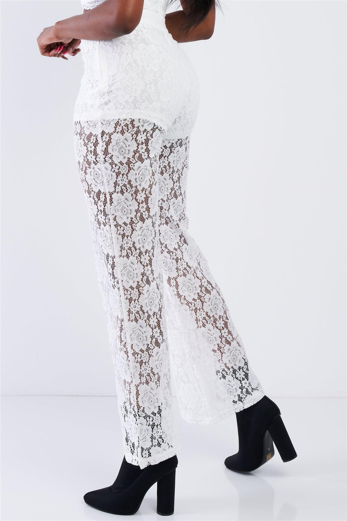 Off-White Floral Lace Bandeau & Flare High Waist Boho Pant Set  /2-2-2