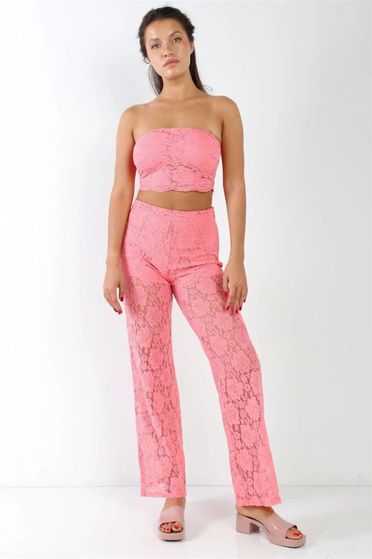 Pink Floral Lace Bandeau & Flare High Waist Boho Pant Set /2-2-2 - Tasha Apparel Wholesale
