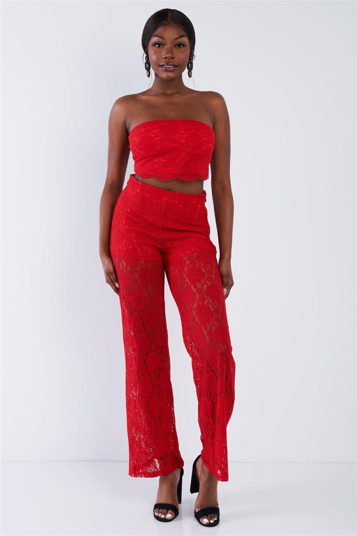 Red Floral Lace Bandeau & Flare High Waist Boho Pant Set  /2-2-2