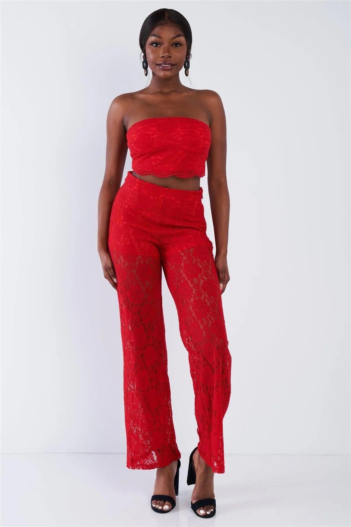 Red Floral Lace Bandeau & Flare High Waist Boho Pant Set /2-2-2 - Tasha Apparel Wholesale