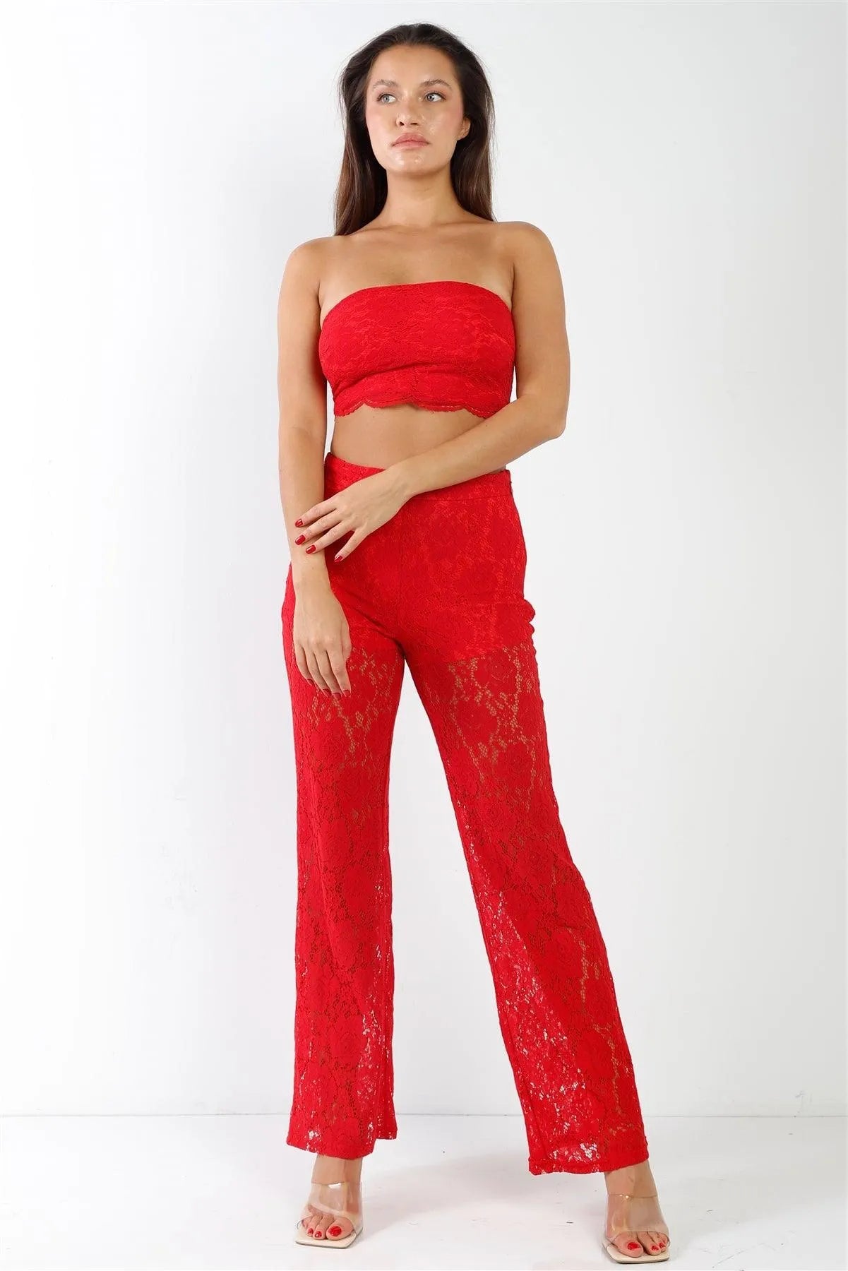 Red Floral Lace Bandeau & Flare High Waist Boho Pant Set /2-2-2 - Tasha Apparel Wholesale