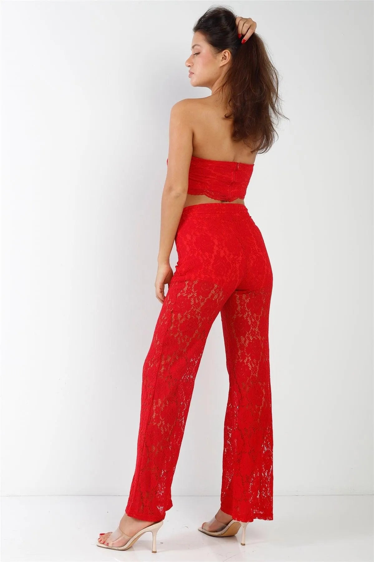 Red Floral Lace Bandeau & Flare High Waist Boho Pant Set /2-2-2 - Tasha Apparel Wholesale