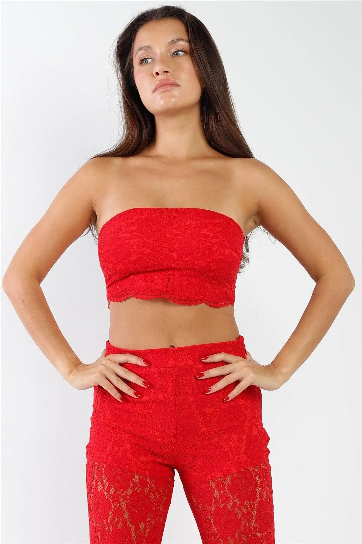 Red Floral Lace Bandeau & Flare High Waist Boho Pant Set /2-2-2 - Tasha Apparel Wholesale