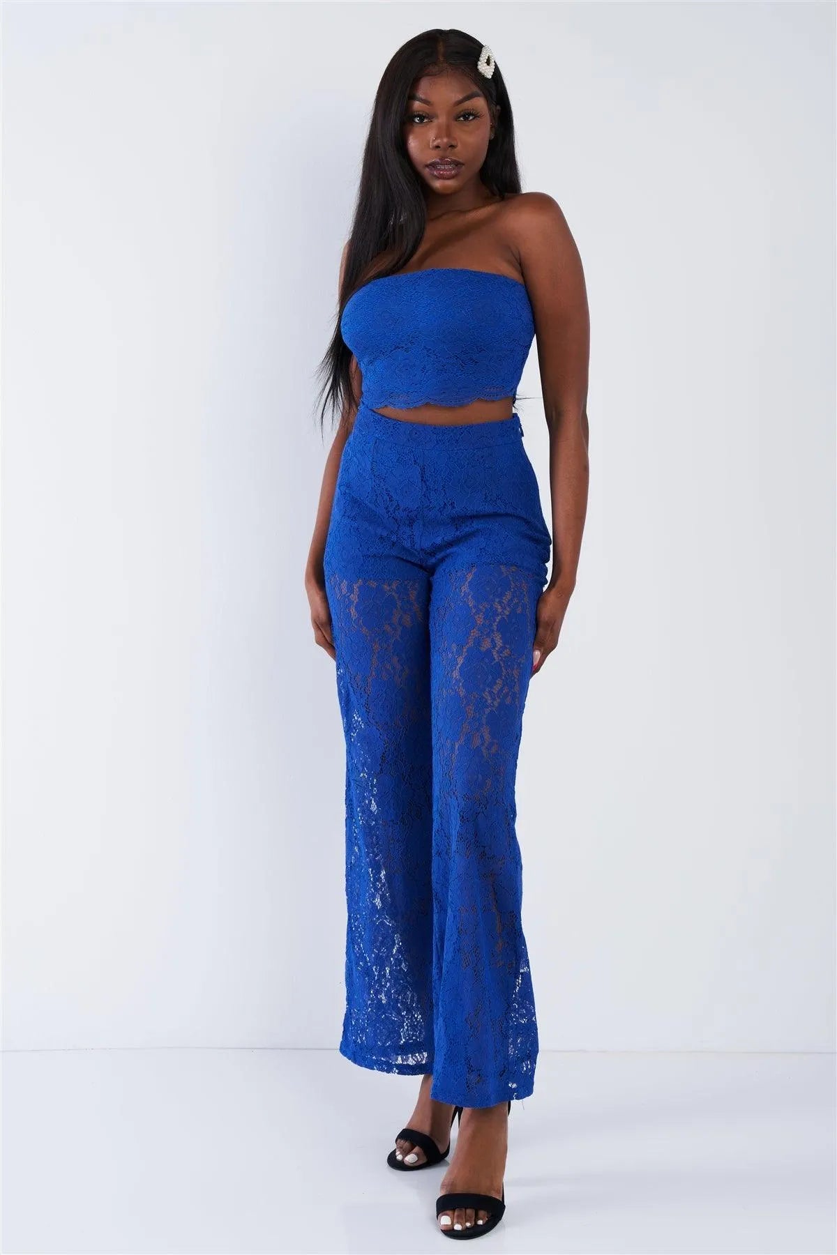 Royal Blue Floral Lace Bandeau & Flare High Waist Boho Pant Set /2-2-2 - Tasha Apparel Wholesale