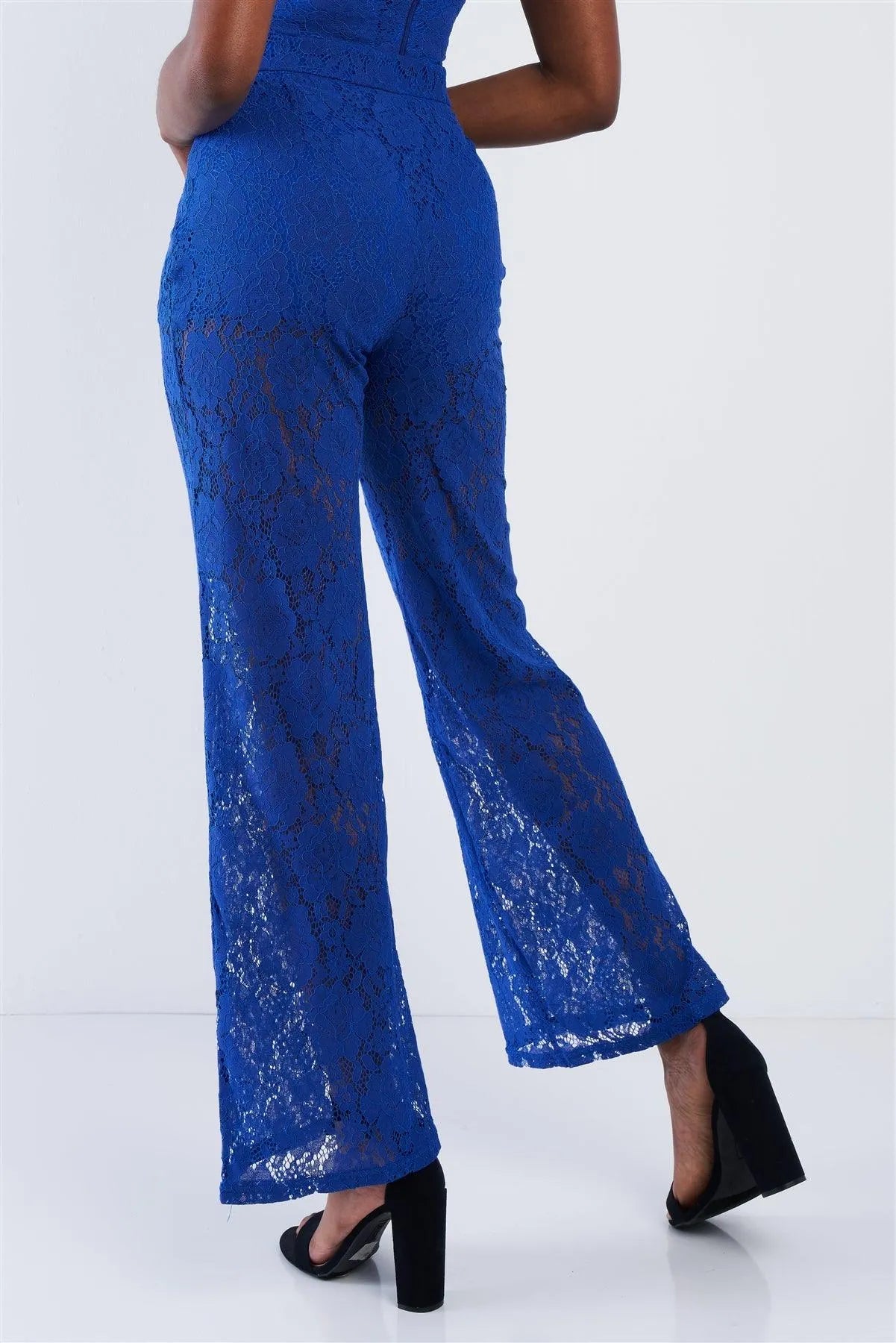 Royal Blue Floral Lace Bandeau & Flare High Waist Boho Pant Set /2-2-2 - Tasha Apparel Wholesale