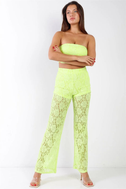 Neon Floral Lace Bandeau & Flare High Waist Boho Pant Set - Tasha Apparel Wholesale