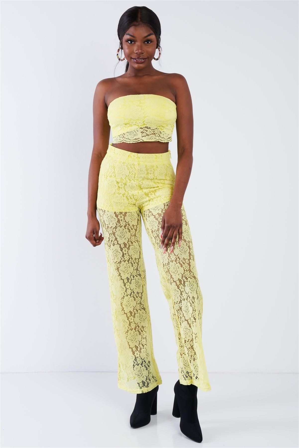 Yellow Floral Lace Bandeau & Flare High Waist Boho Pant Set  /1-2-2