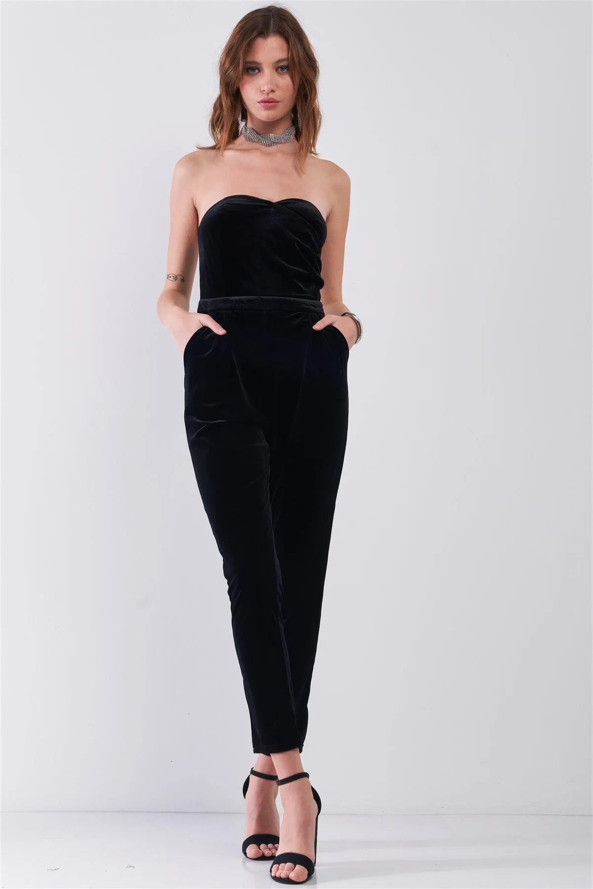Black Velvet Strapless Sweetheart Neck Wrap Skinny Jumpsuit /1-1-2-1 - Tasha Apparel Wholesale