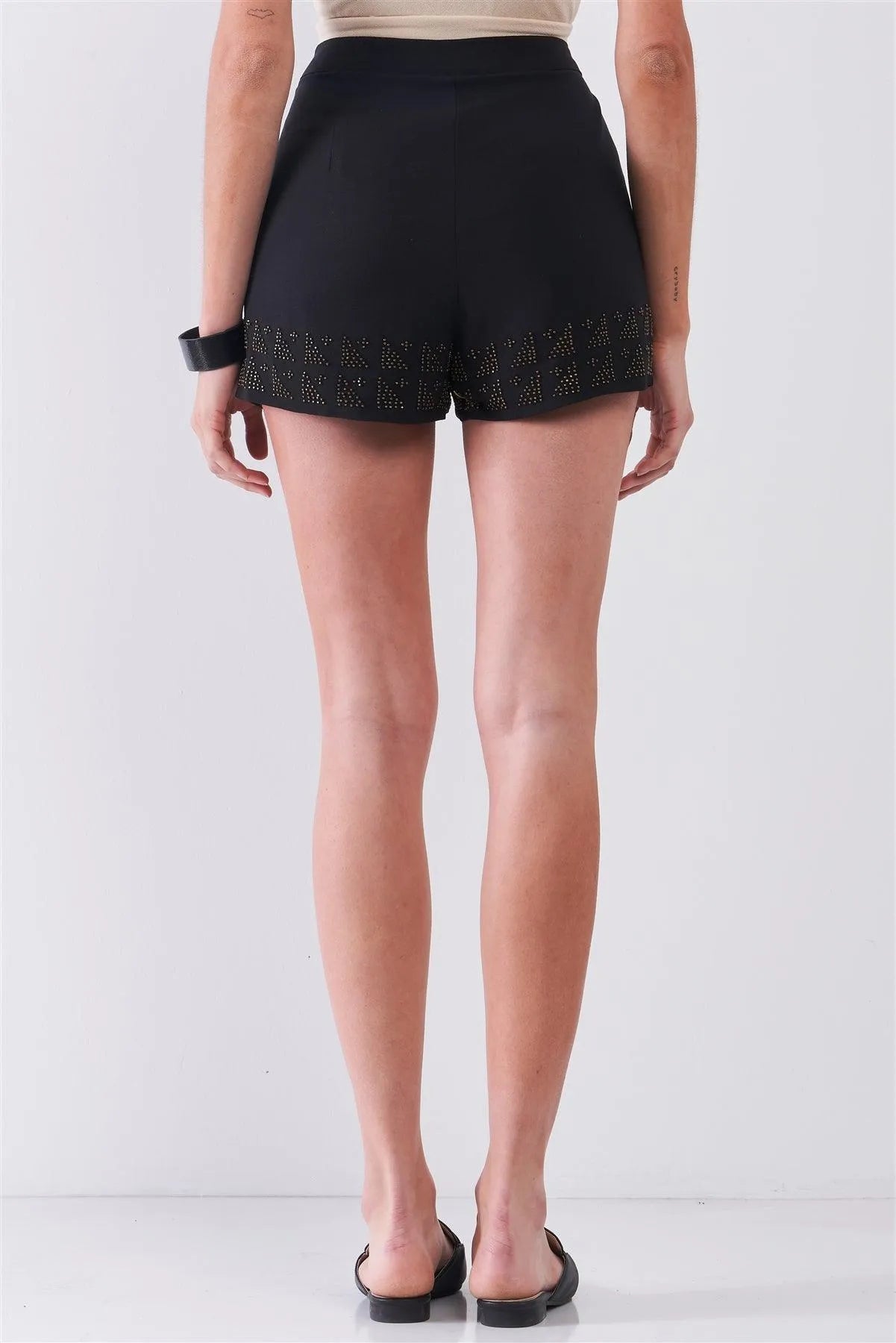 Black High Waist Pleated Beaded Trim Mini Shorts /1-1-2-1 - Tasha Apparel Wholesale