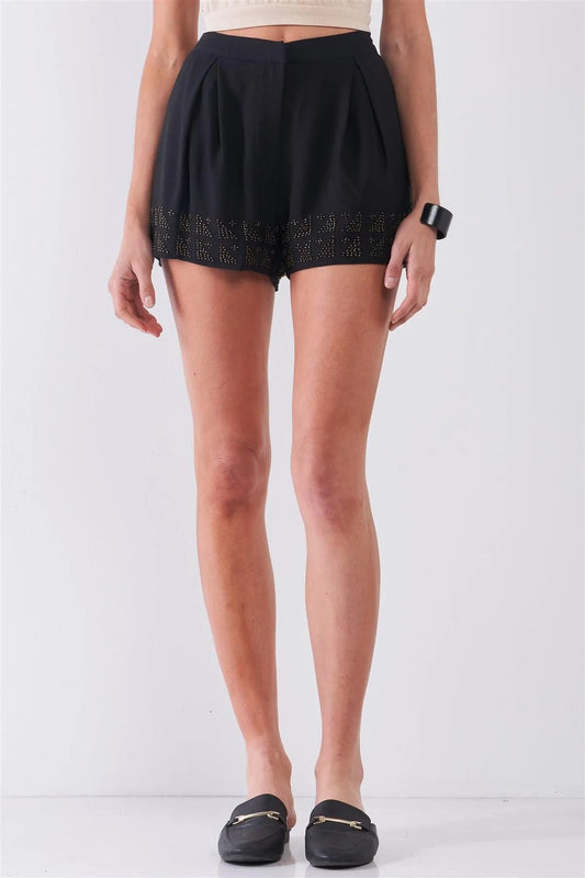 Black High Waist Pleated Beaded Trim Mini Shorts /1-2-2-1 - Tasha Apparel Wholesale