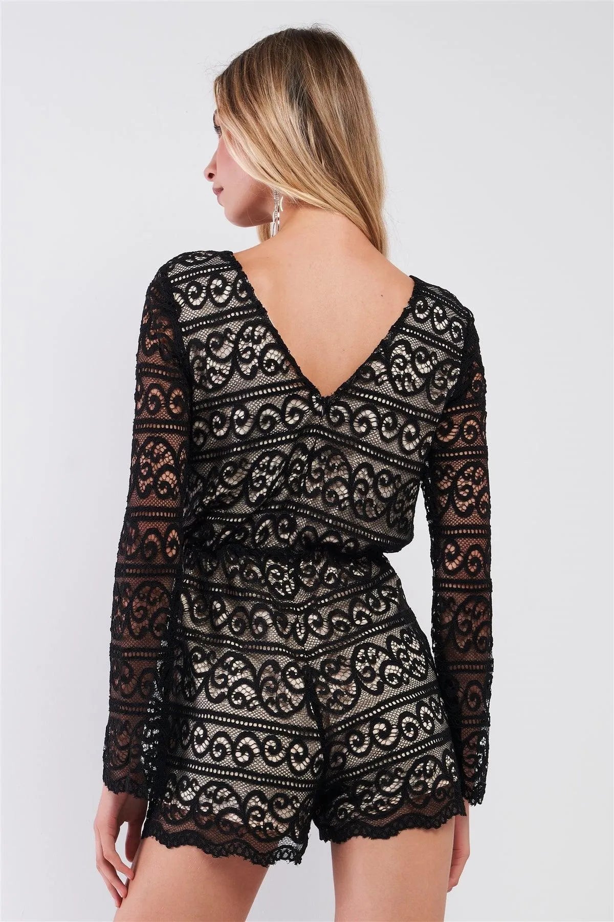 Black Crochet Lace V-Back Long Sleeve Romper /1-2-2-1 - Tasha Apparel Wholesale