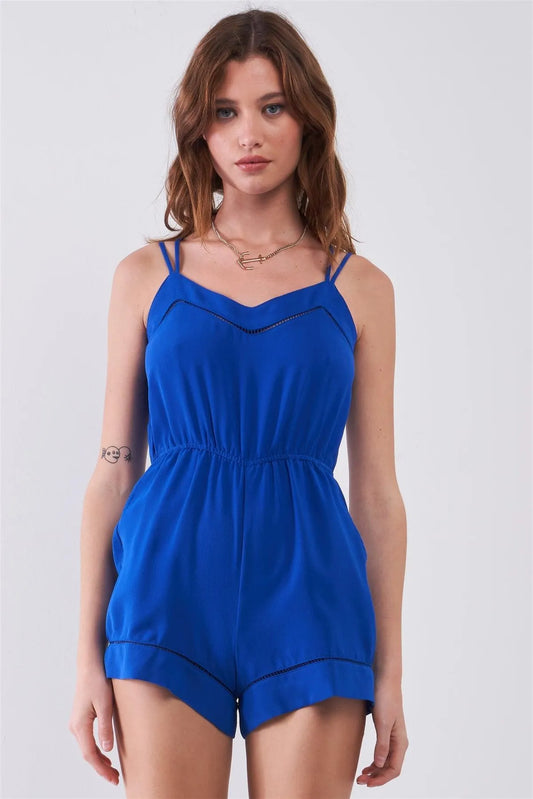 Cobalt Blue Sleeveless Soft V-Neck Racer Back Detail Romper /1-2-1 - Tasha Apparel Wholesale