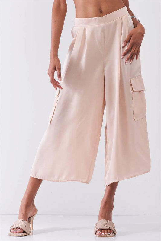 Blush Pink Chiffon Mid-Rise Cargo Pockets Detail Wide Leg Pants /1-2-2-1 - Tasha Apparel Wholesale