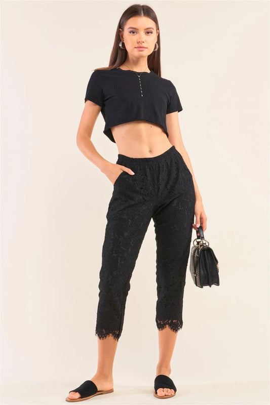 Black Mid-Rise Crochet Lace Shredded Scallop Hem Capri Pants - Tasha Apparel Wholesale