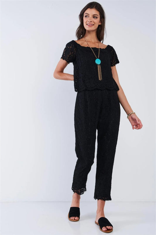 Pitch Black Crochet Off-The-Shoulder Layered Jumpsuit /2-4 - Tasha Apparel Wholesale