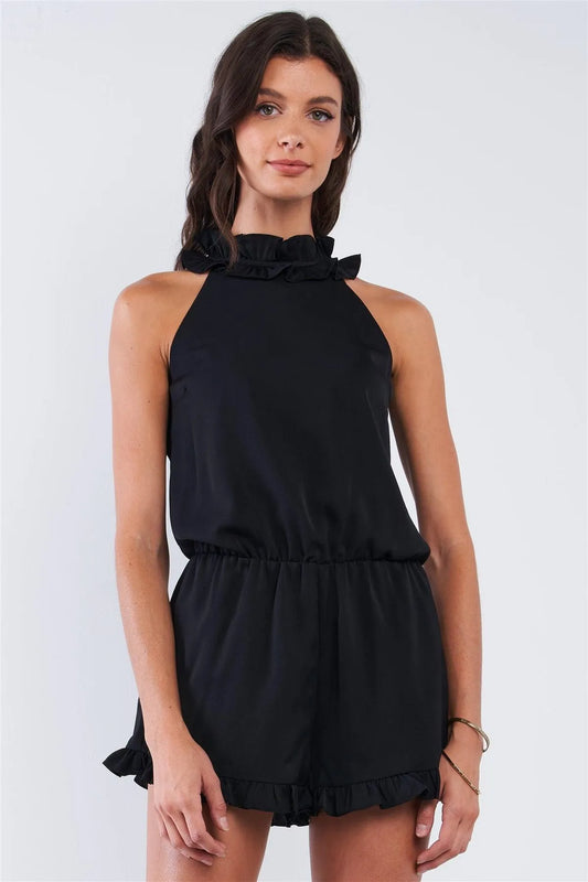 Solid Black Satin Relaxed Fit Stretchy Waist Frill Hem Mock Neck Romper - Tasha Apparel Wholesale