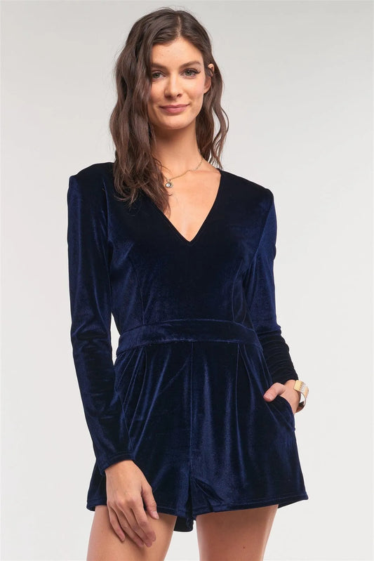 Royal Blue Velvet Long Sleeve Plunging Neckline Fitted Romper /2-2-1 - Tasha Apparel Wholesale